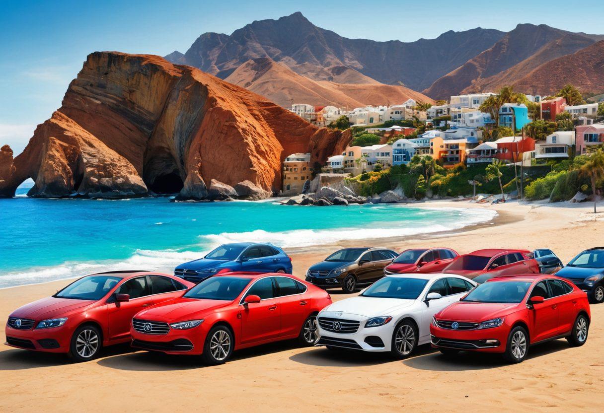 A visually striking collage featuring a range of rental cars from luxury sedans to economical compact cars, parked against a backdrop of iconic travel destinations like beaches, mountains, and cityscapes. Include fun travel accessories like suitcases and travel maps scattered around the vehicles. The scene should convey a sense of adventure and affordability, inviting viewers to explore the options available. vibrant colors. 3D. high contrast.