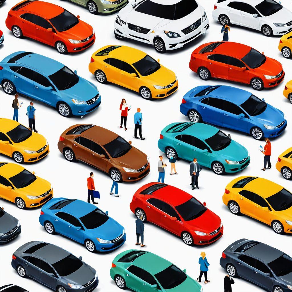 A collage showcasing a variety of cars ranging from budget-friendly models to luxury vehicles, set in an open dealership environment. Include a diverse group of people discussing vehicles, highlighting thoughtful consideration. Incorporate elements like price tags and checklists to symbolize budget planning. Bright natural lighting to create an inviting atmosphere. vector art. vibrant colors. white background.