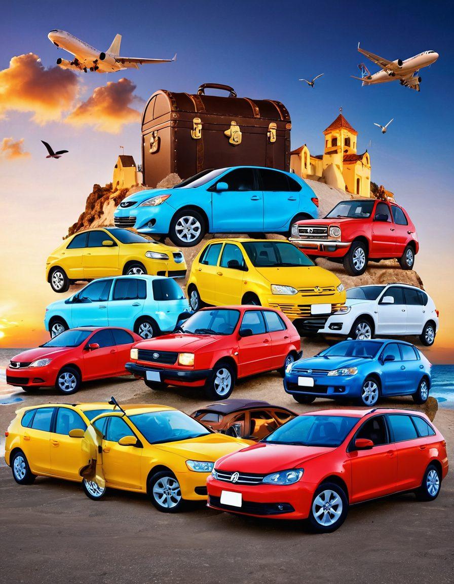 A vibrant collage of various affordable rental cars parked in front of a beautiful travel destination, with a large key unlocking a treasure chest filled with rental discounts and travel essentials. Cleverly integrate icons for online booking and customer reviews. The sky transitions from day to night, symbolizing the perfect time for adventure. super-realistic. vibrant colors. white background.